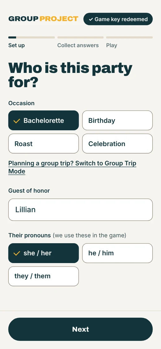 Setup on the host’s phone: Who is this party for? Bachelorette picked, guest of honor Lillian